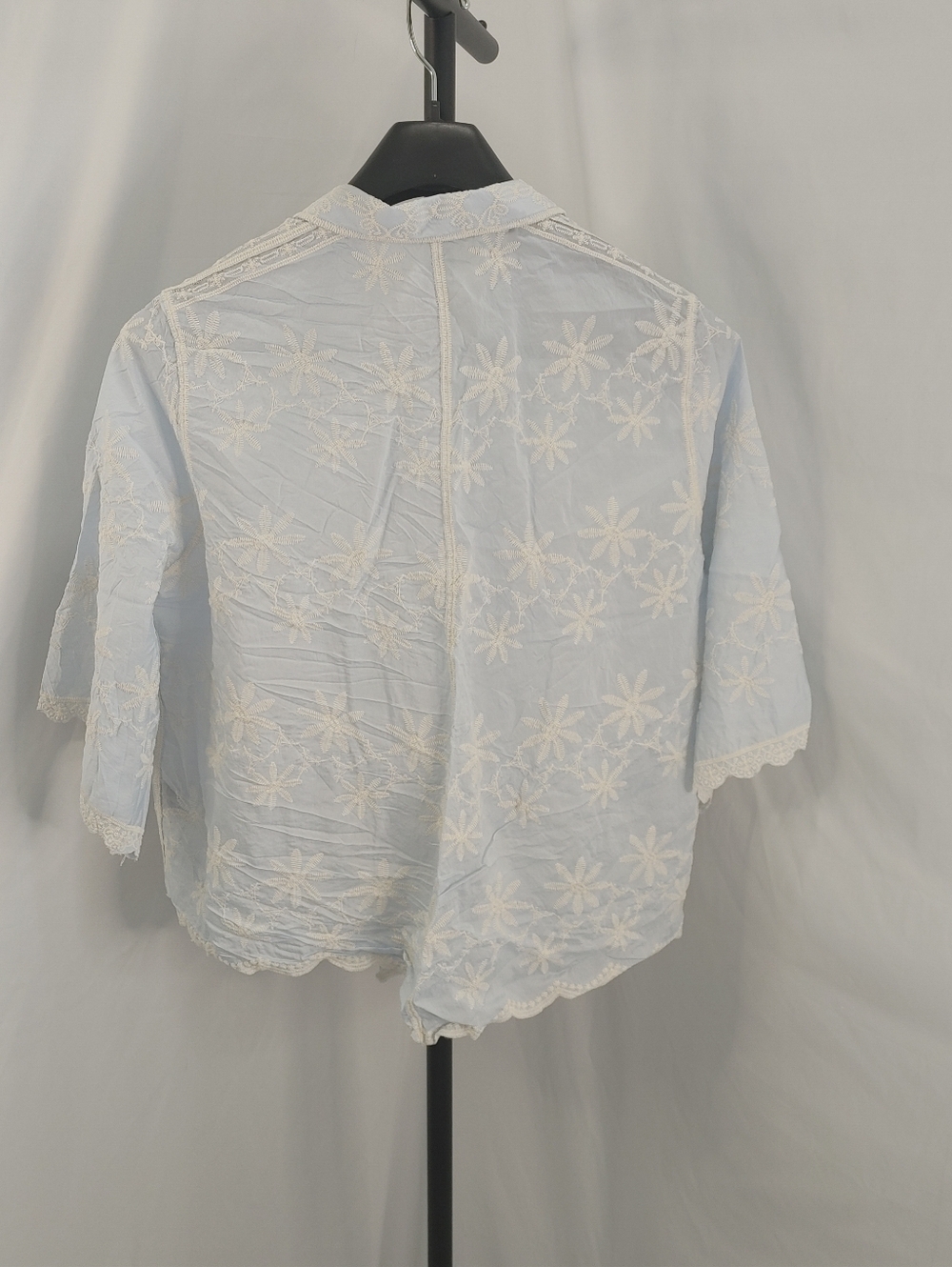 POL Embroidered Floral Blouse Light Blue Lace Trim Button Front Boho Top OS - Picture 9 of 14
